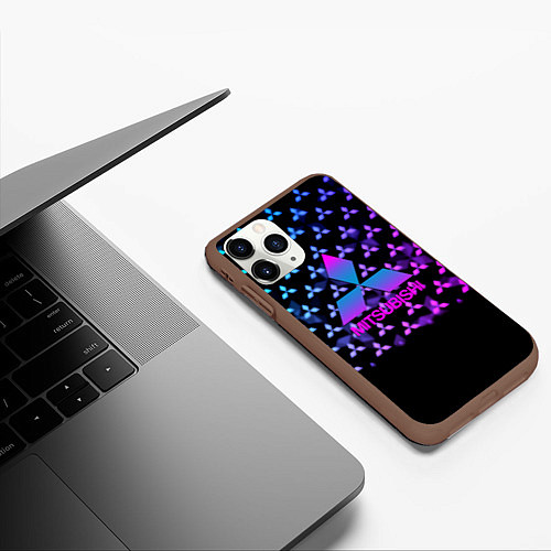 Чехол iPhone 11 Pro матовый Митсубиси неоновый градиент значки / 3D-Коричневый – фото 3