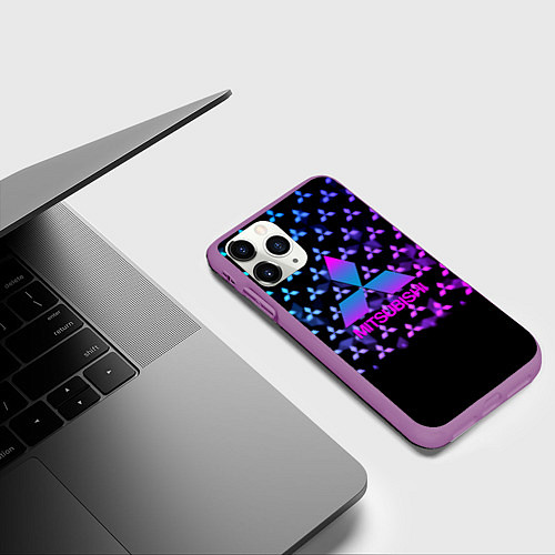 Чехол iPhone 11 Pro матовый Митсубиси неоновый градиент значки / 3D-Фиолетовый – фото 3
