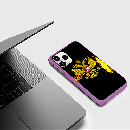 Чехол iPhone 11 Pro матовый Герб РФ краски жёлтые патриотизм / 3D-Фиолетовый – фото 3