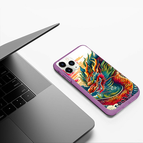 Чехол iPhone 11 Pro матовый Гравюра японского дракона / 3D-Фиолетовый – фото 3