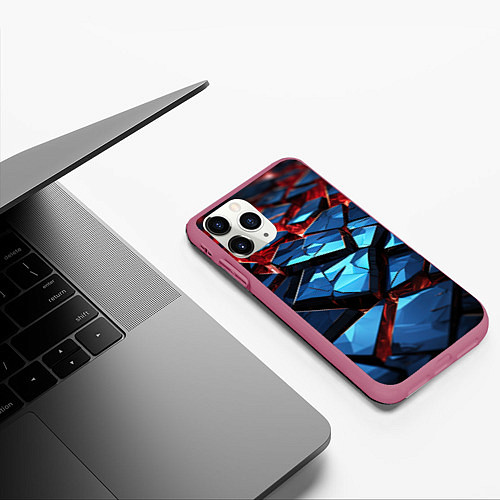 Чехол iPhone 11 Pro матовый Синие абстрактные плиты и красное свечение / 3D-Малиновый – фото 3