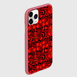 Чехол iPhone 11 Pro матовый Хохломская роспись красные цветы и ягоды на чёрном, цвет: 3D-малиновый — фото 2