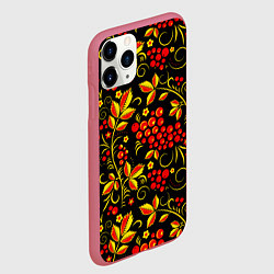 Чехол iPhone 11 Pro матовый Хохломская роспись золотистые листья чёрном фоне, цвет: 3D-малиновый — фото 2