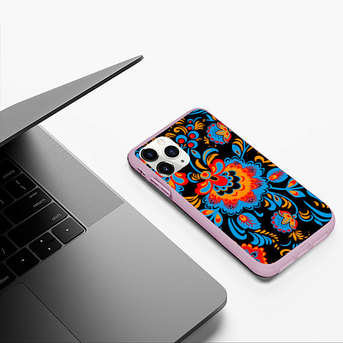 Чехол iPhone 11 Pro матовый Хохломская роспись разноцветные цветы на чёроном ф / 3D-Розовый – фото 3