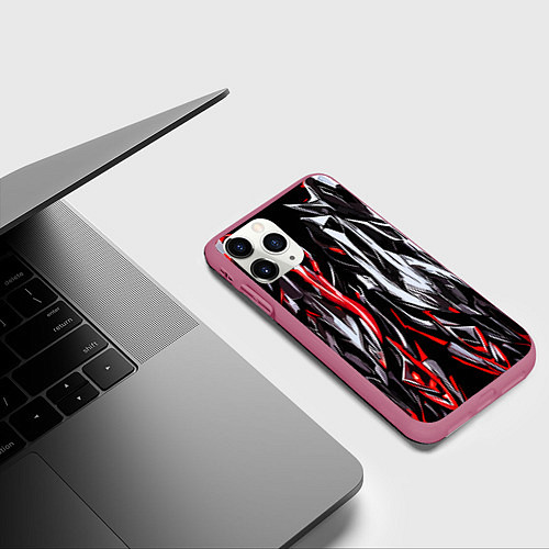 Чехол iPhone 11 Pro матовый Агрессивные линии белые и красные / 3D-Малиновый – фото 3