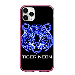 Чехол iPhone 11 Pro матовый Tiger neon art, цвет: 3D-малиновый