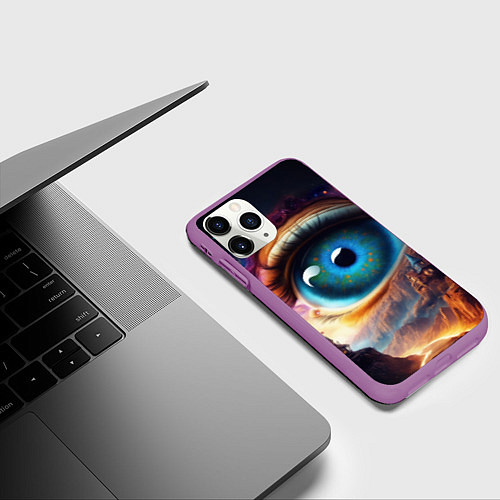 Чехол iPhone 11 Pro матовый Голубой глаз в небе над домами на вершине горы / 3D-Фиолетовый – фото 3