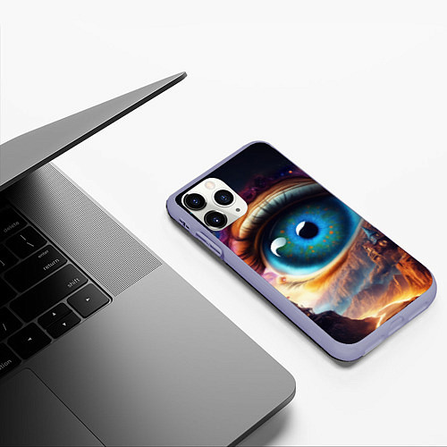 Чехол iPhone 11 Pro матовый Голубой глаз в небе над домами на вершине горы / 3D-Светло-сиреневый – фото 3