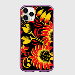 Чехол iPhone 11 Pro матовый Хохломская роспись красно-золотистые цветы на чёрн, цвет: 3D-фиолетовый