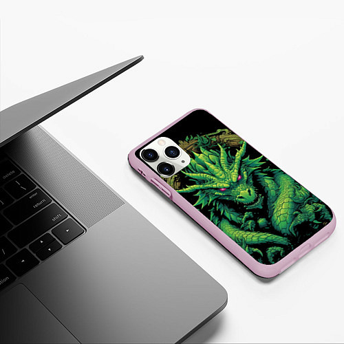 Чехол iPhone 11 Pro матовый Зеленый яркий неоновый дракон / 3D-Розовый – фото 3