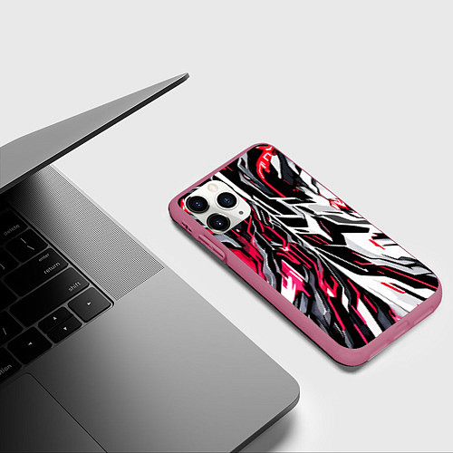 Чехол iPhone 11 Pro матовый Красно-белая абстракция на чёрном фоне / 3D-Малиновый – фото 3