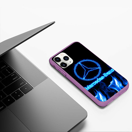 Чехол iPhone 11 Pro матовый Mercedes-benz blue neon / 3D-Фиолетовый – фото 3