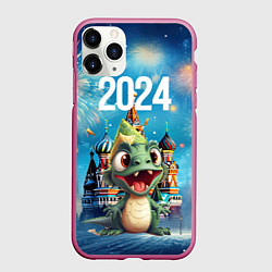 Чехол iPhone 11 Pro матовый Маленький счастливый дракон и салюты, цвет: 3D-малиновый