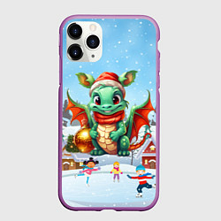 Чехол iPhone 11 Pro матовый Милый маленький дракон новогодний в зимнем дворе, цвет: 3D-фиолетовый