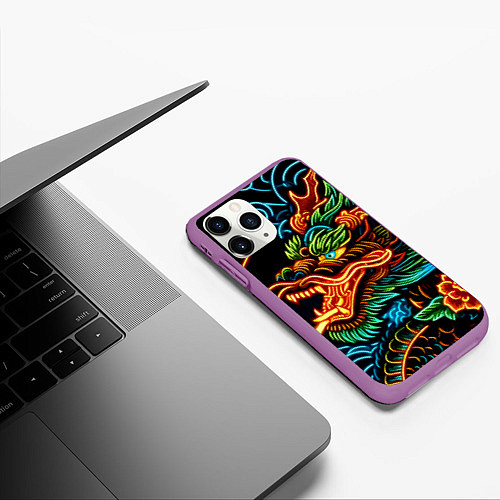 Чехол iPhone 11 Pro матовый Japanese neon dragon - irezumi / 3D-Фиолетовый – фото 3