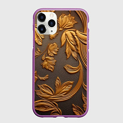 Чехол iPhone 11 Pro матовый Лепнина золотые узоры на черном, цвет: 3D-фиолетовый