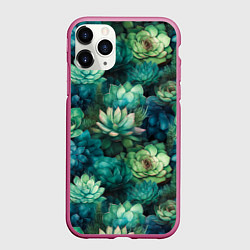 Чехол iPhone 11 Pro матовый Суккуленты акварель- паттерн, цвет: 3D-малиновый