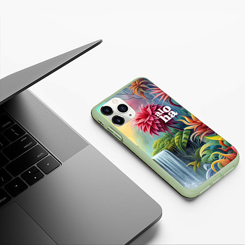 Чехол iPhone 11 Pro матовый Гавайские тропические цветы - алоха / 3D-Салатовый – фото 3
