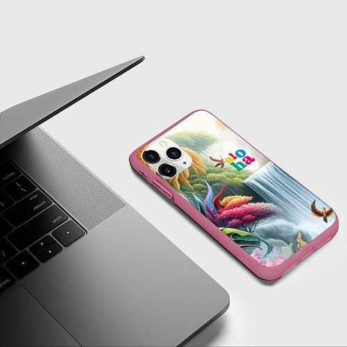 Чехол iPhone 11 Pro матовый Водопад в тропическом лесу - алоха / 3D-Малиновый – фото 3
