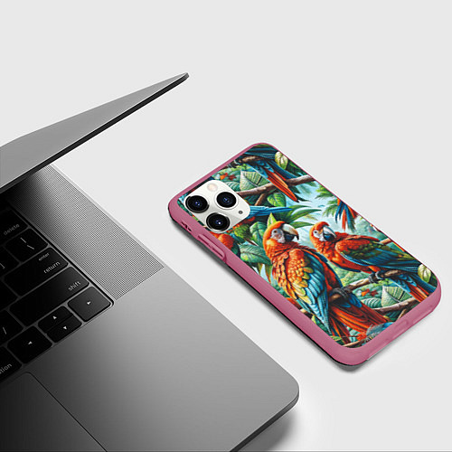 Чехол iPhone 11 Pro матовый Попугаи Ара - тропики джунгли / 3D-Малиновый – фото 3