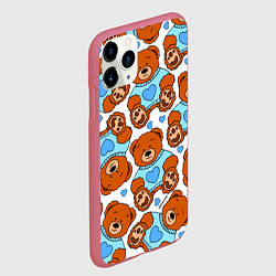 Чехол iPhone 11 Pro матовый Мишки игрушки в голубых свитерах и сердечки, цвет: 3D-малиновый — фото 2