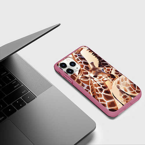 Чехол iPhone 11 Pro матовый Жирафы - африканский паттерн / 3D-Малиновый – фото 3