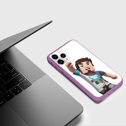 Чехол iPhone 11 Pro матовый Майнкрафт Стив с кулаком / 3D-Фиолетовый – фото 3