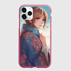 Чехол iPhone 11 Pro матовый Русская девушка на фоне Москвы, цвет: 3D-малиновый