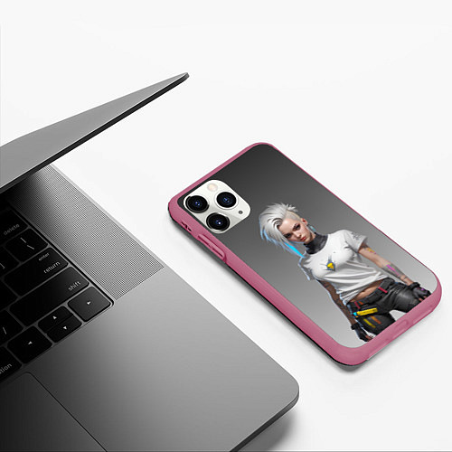 Чехол iPhone 11 Pro матовый Блондинка в белой футболке Cyberpunk 2077 / 3D-Малиновый – фото 3