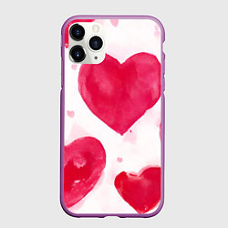 Чехол iPhone 11 Pro матовый Акварельные красные сердечки, цвет: 3D-фиолетовый