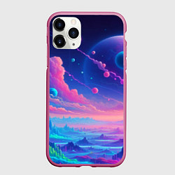 Чехол iPhone 11 Pro матовый Fantastic space landscape - neon glow, цвет: 3D-малиновый