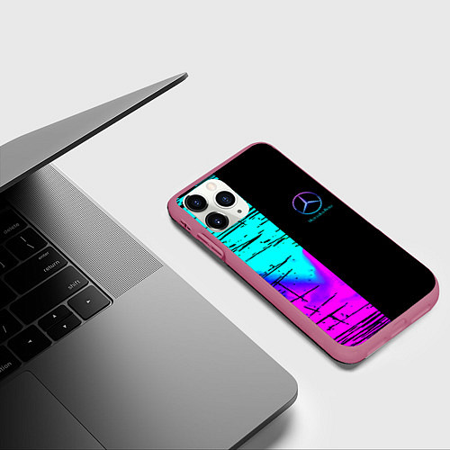 Чехол iPhone 11 Pro матовый Mercedes benz неон текстура / 3D-Малиновый – фото 3