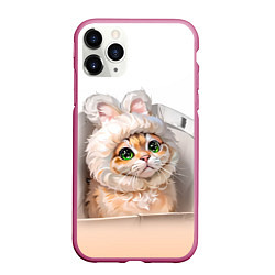 Чехол iPhone 11 Pro матовый Милый кот-мем в шапке с ушками - бежевый градиент, цвет: 3D-малиновый