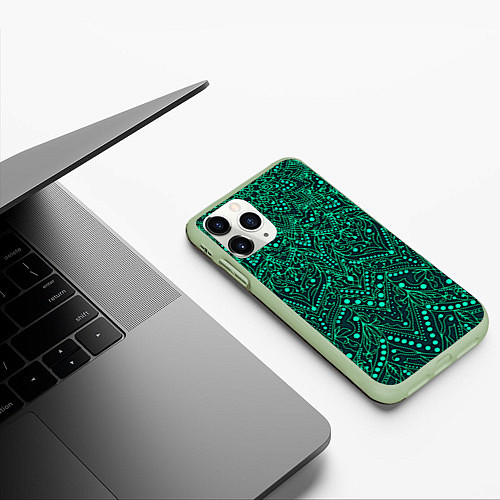 Чехол iPhone 11 Pro матовый Узоры мандала зелёный / 3D-Салатовый – фото 3