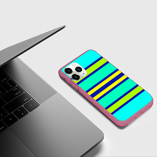Чехол iPhone 11 Pro матовый Неоновая бирюза в полоску / 3D-Малиновый – фото 3