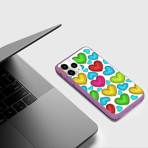 Чехол iPhone 11 Pro матовый Сердца нарисованные цветными карандашами / 3D-Фиолетовый – фото 3