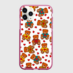 Чехол iPhone 11 Pro матовый Мишки игрушки в свитерах и сердечки, цвет: 3D-малиновый