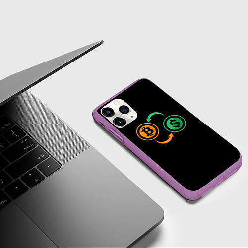 Чехол iPhone 11 Pro матовый Криптовалюта биткоин и доллар / 3D-Фиолетовый – фото 3
