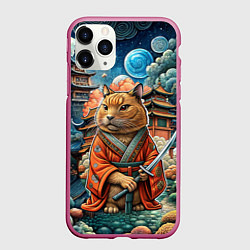 Чехол iPhone 11 Pro матовый Кошачий якудза в японском кимоно с оружием, цвет: 3D-малиновый