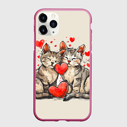 Чехол iPhone 11 Pro матовый Влюбленные кошечки с сердечками, цвет: 3D-малиновый