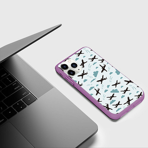 Чехол iPhone 11 Pro матовый Самолет в облаках паттерн / 3D-Фиолетовый – фото 3