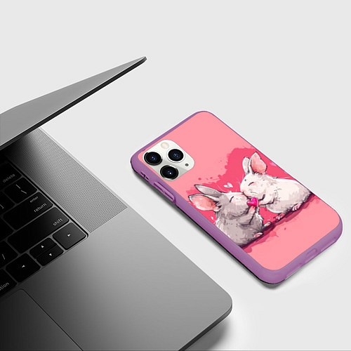 Чехол iPhone 11 Pro матовый Милые влюбленные кролики / 3D-Фиолетовый – фото 3
