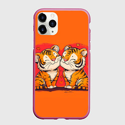 Чехол iPhone 11 Pro матовый Влюбленные львы и сердечки, цвет: 3D-малиновый