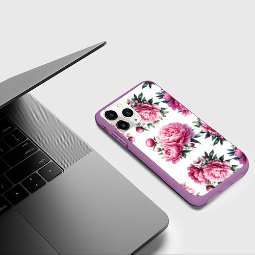 Чехол iPhone 11 Pro матовый Розовые цветы пиона / 3D-Фиолетовый – фото 3