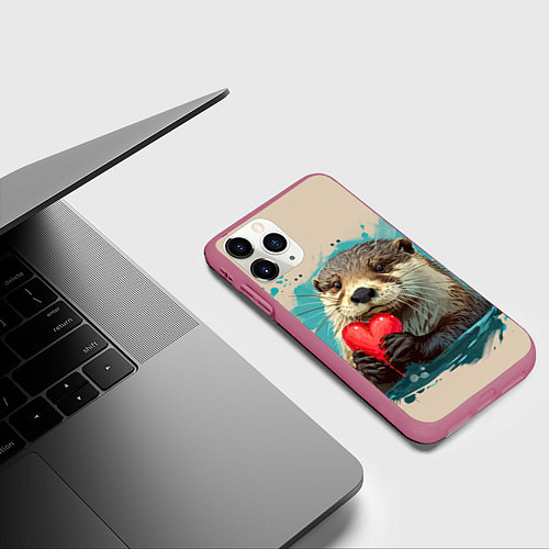 Чехол iPhone 11 Pro матовый Выдра с сердечком / 3D-Малиновый – фото 3