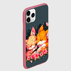 Чехол iPhone 11 Pro матовый Милые лисички в цветах, цвет: 3D-малиновый — фото 2