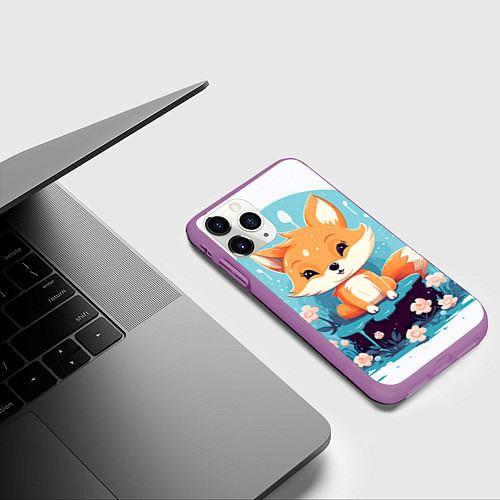 Чехол iPhone 11 Pro матовый Милый лисенок и цветочки / 3D-Фиолетовый – фото 3