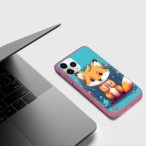Чехол iPhone 11 Pro матовый Лисенок и сердечки / 3D-Малиновый – фото 3
