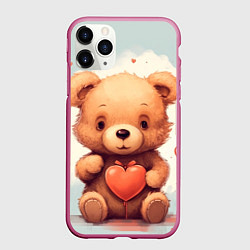 Чехол iPhone 11 Pro матовый Медвежонок с сердечком 14 февраля, цвет: 3D-малиновый