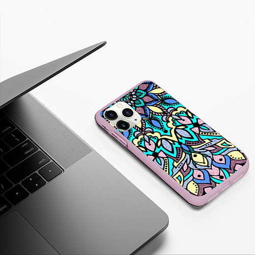 Чехол iPhone 11 Pro матовый Мандала ярко-голубой / 3D-Розовый – фото 3